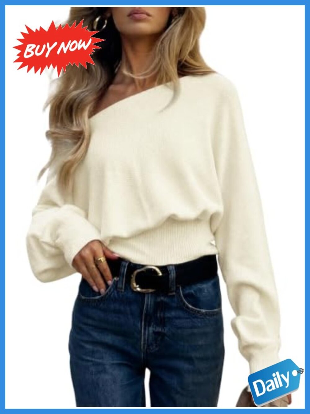 Off Shoulder Sweater Asymmetrical Batwing Long Sleeve Viscose Blend Pullover
